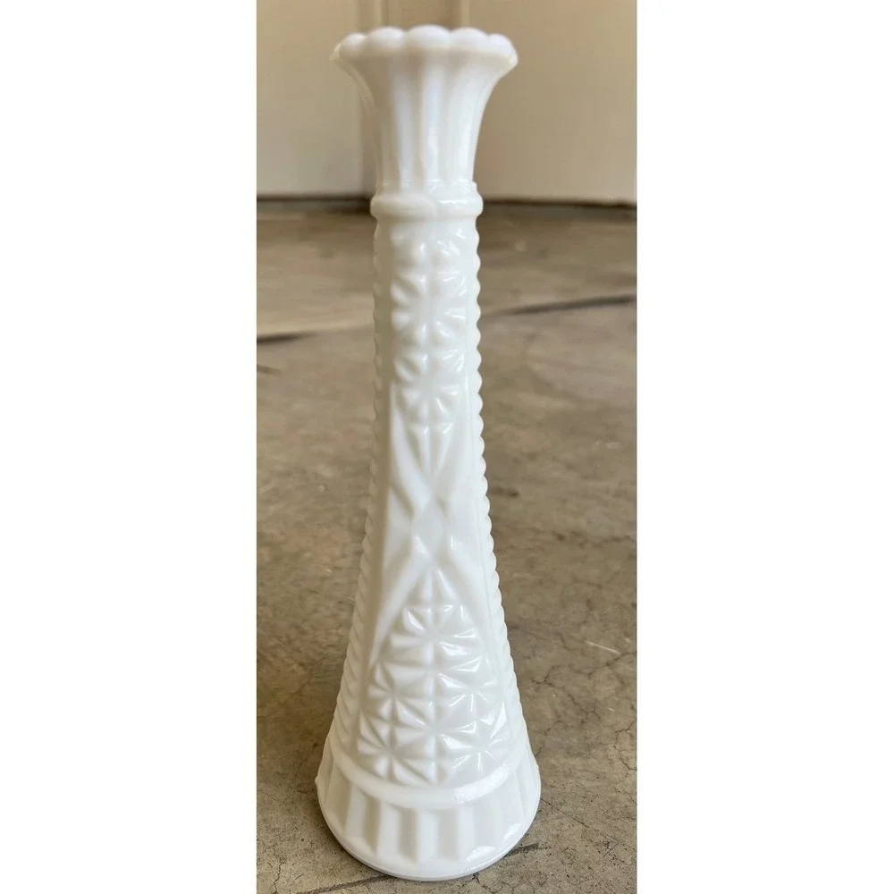 Vintage Milk Glass 9 Inch Bud Vase Lot of 3 White Stars Diamonds Ribbed Patterns